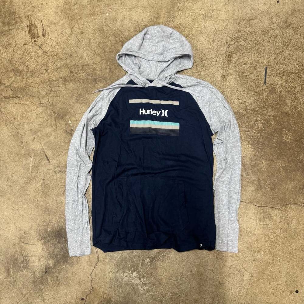 Hurley Long Sleeve Hoodie Size M Navy Grey Raglan Lightweight Pullover y2k